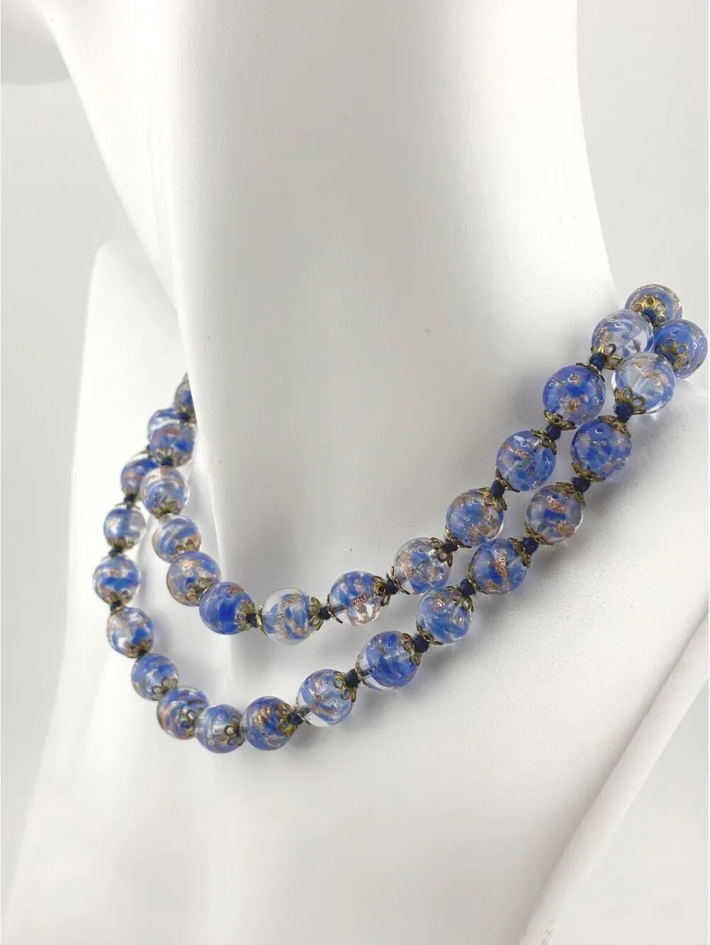 Vintage Blue Venetian Murano Glass Foil Beaded Necklace with Gold Tone Clasp 24